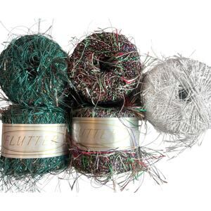 5 Skeins FLUTTER by Knitting Fever Eyelash Yarn | Red, Green, Silver | Italy